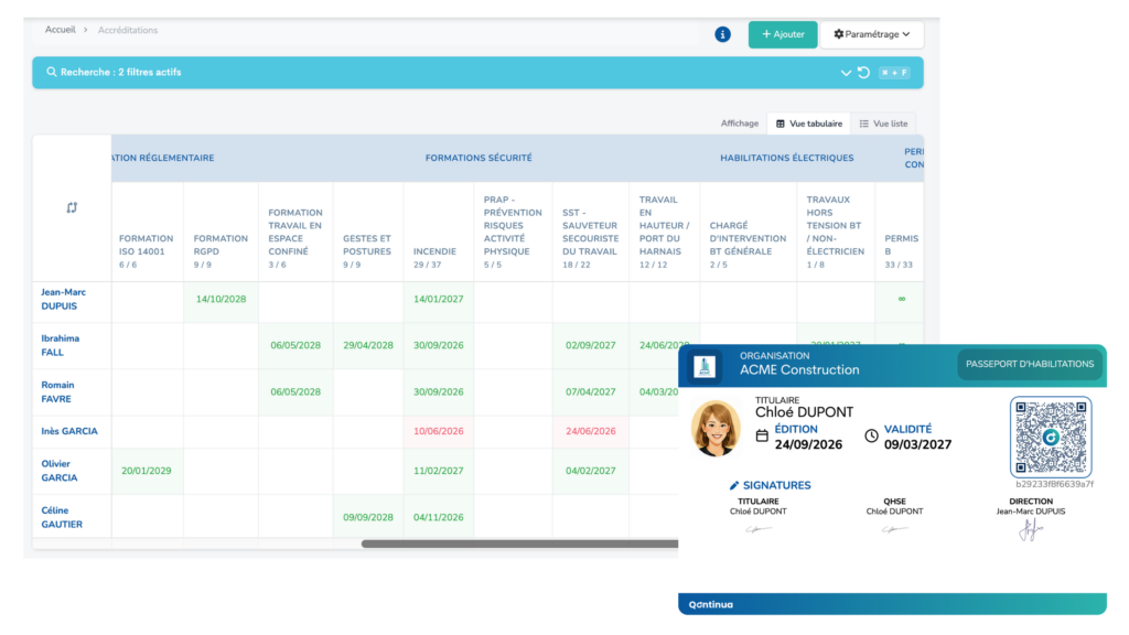 Solutions QHSE Qualité & Sécurité Suivi des habilitations et dans Qontinua