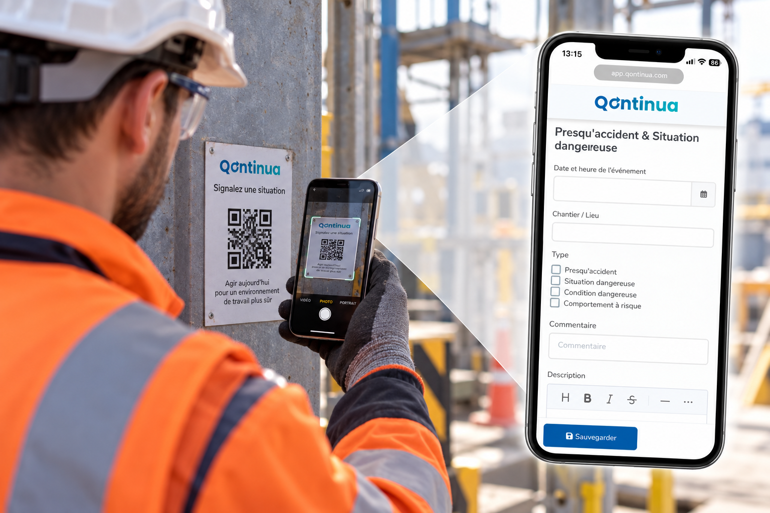 Op&eacute;rateur qui scanne un QR code sur le terrain pour signaler une situation dangereuse dans le logiciel QHSE