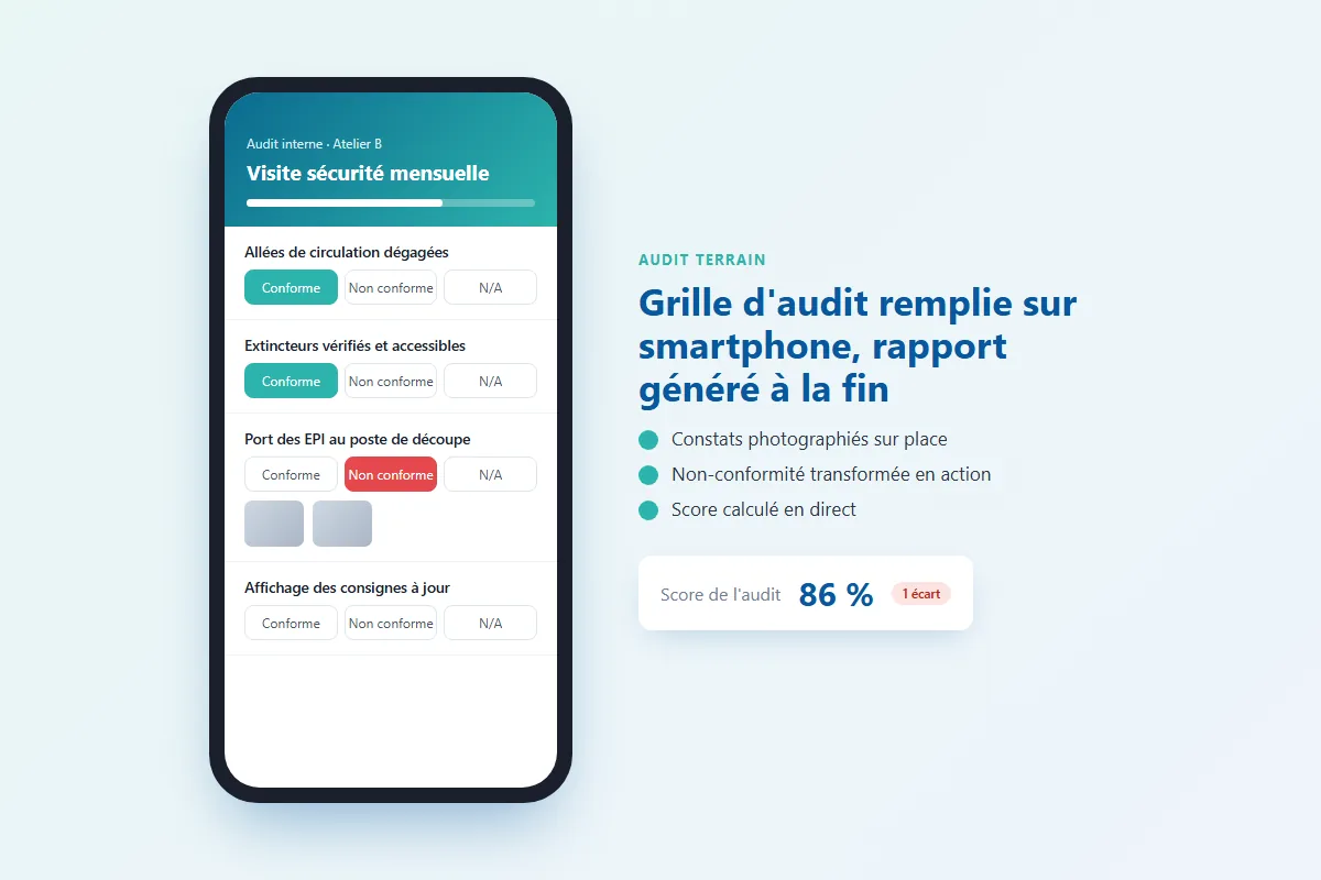 Audit QHSE r&eacute;alis&eacute; sur smartphone avec grille conforme, non conforme et photos des constats