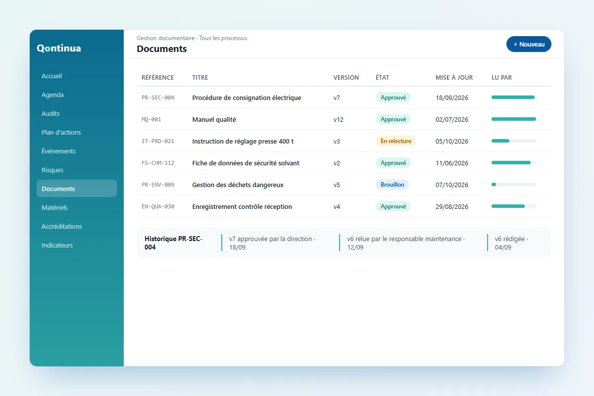 Gestion documentaire QHSE avec r&eacute;f&eacute;rences, versions, &eacute;tat de validation et suivi de lecture