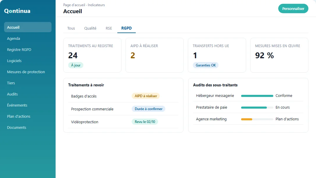 Page d&rsquo;accueil de Qontinua : traitements au registre, AIPD &agrave; r&eacute;aliser, transferts hors UE et suivi des sous-traitants